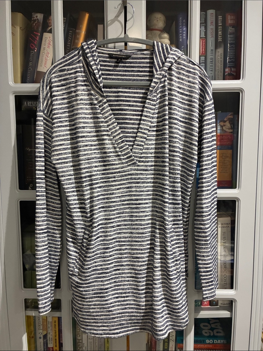 Banana Republic Navy & White Striped V-Neck Hooded Sweater